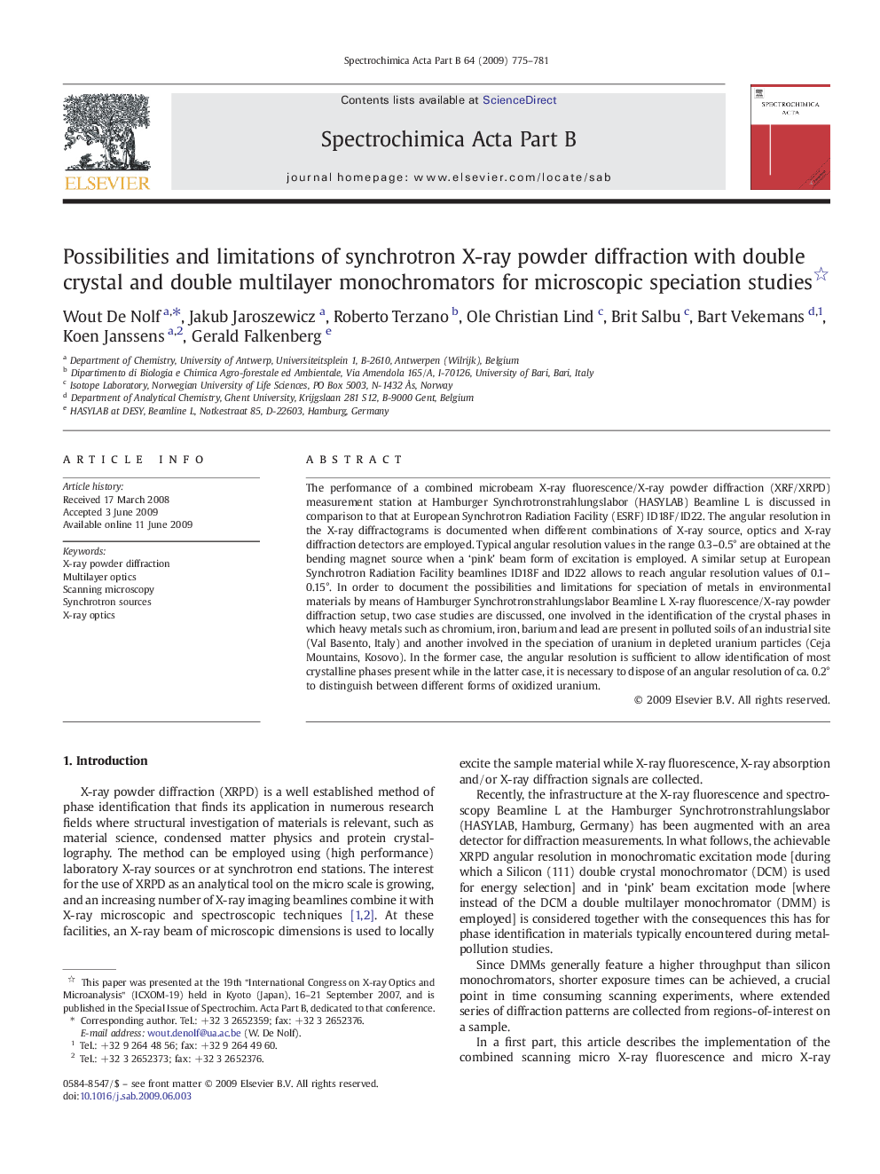 Possibilities and limitations of synchrotron X-ray powder diffraction with double crystal and double multilayer monochromators for microscopic speciation studies 