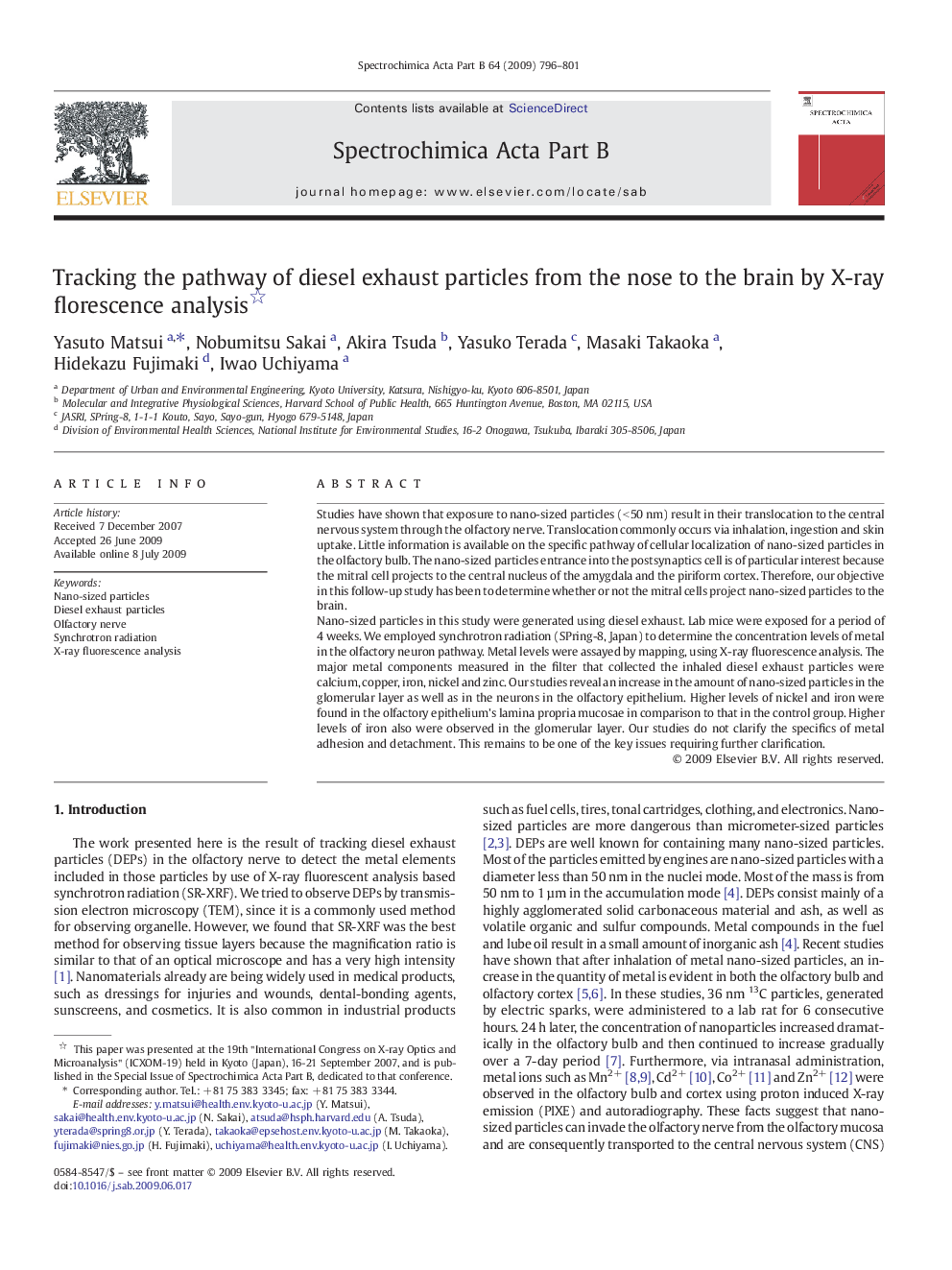 Tracking the pathway of diesel exhaust particles from the nose to the brain by X-ray florescence analysis 