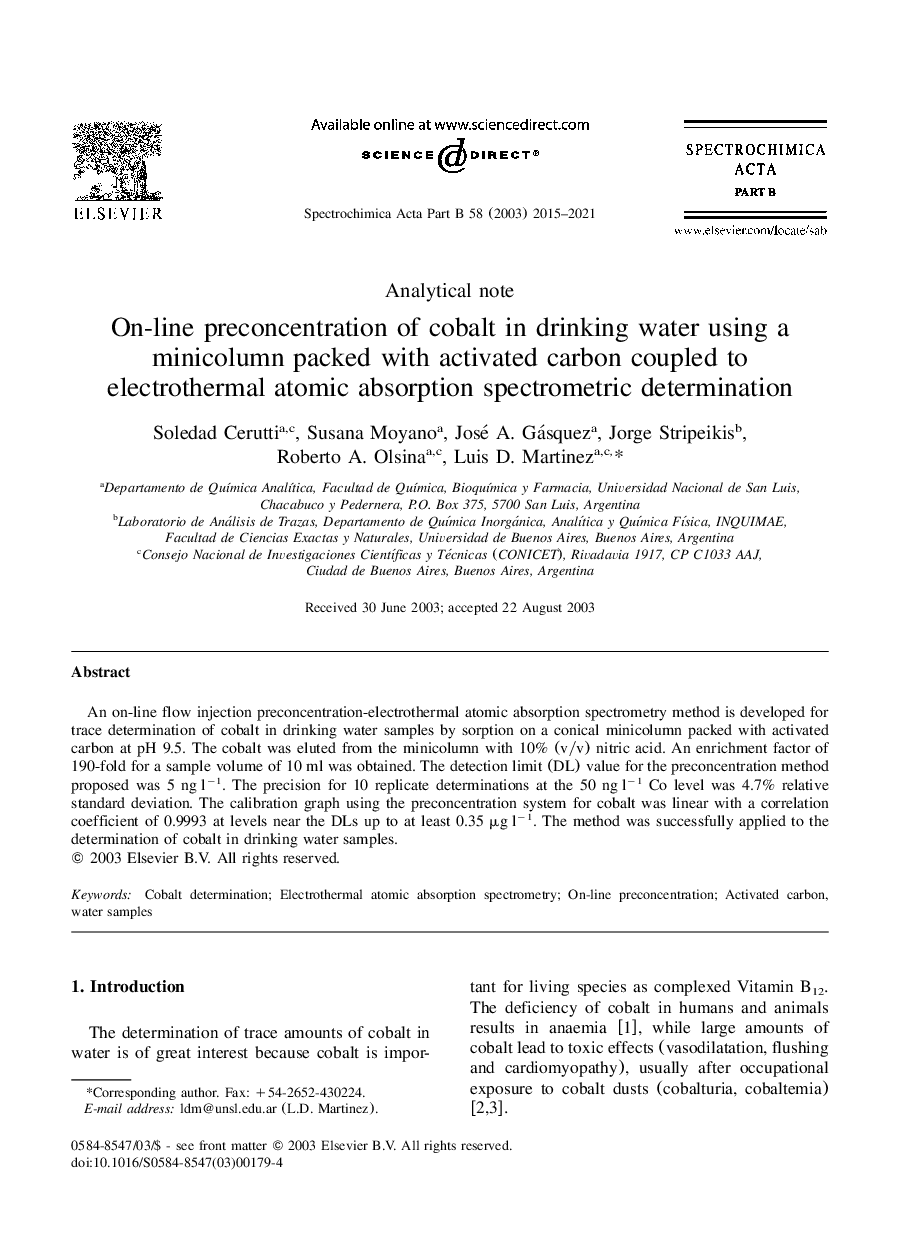 On-line preconcentration of cobalt in drinking water using a minicolumn packed with activated carbon coupled to electrothermal atomic absorption spectrometric determination