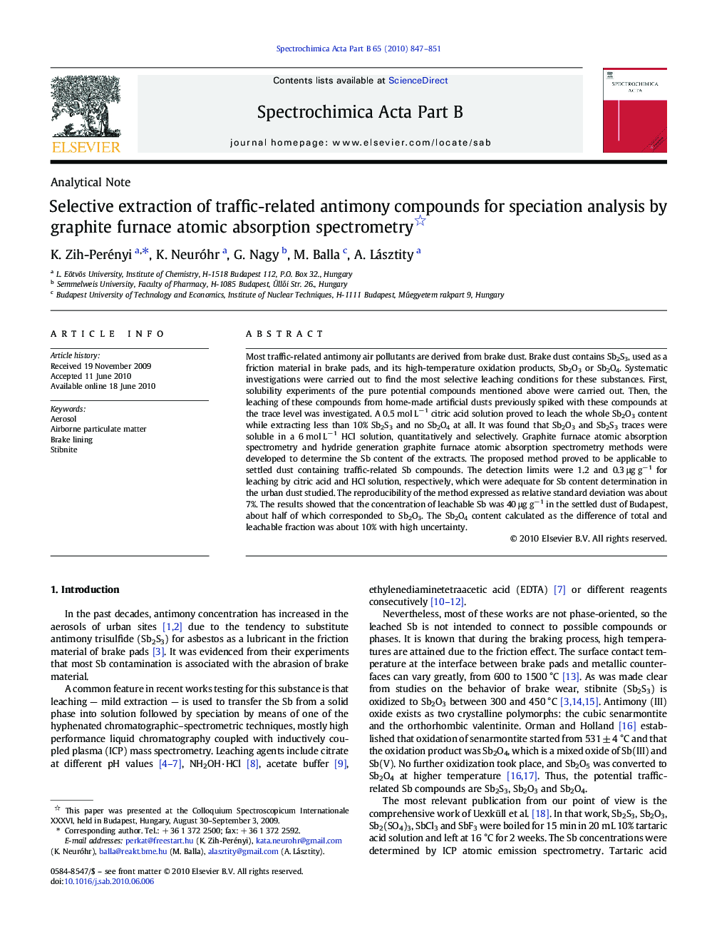 Selective extraction of traffic-related antimony compounds for speciation analysis by graphite furnace atomic absorption spectrometry 