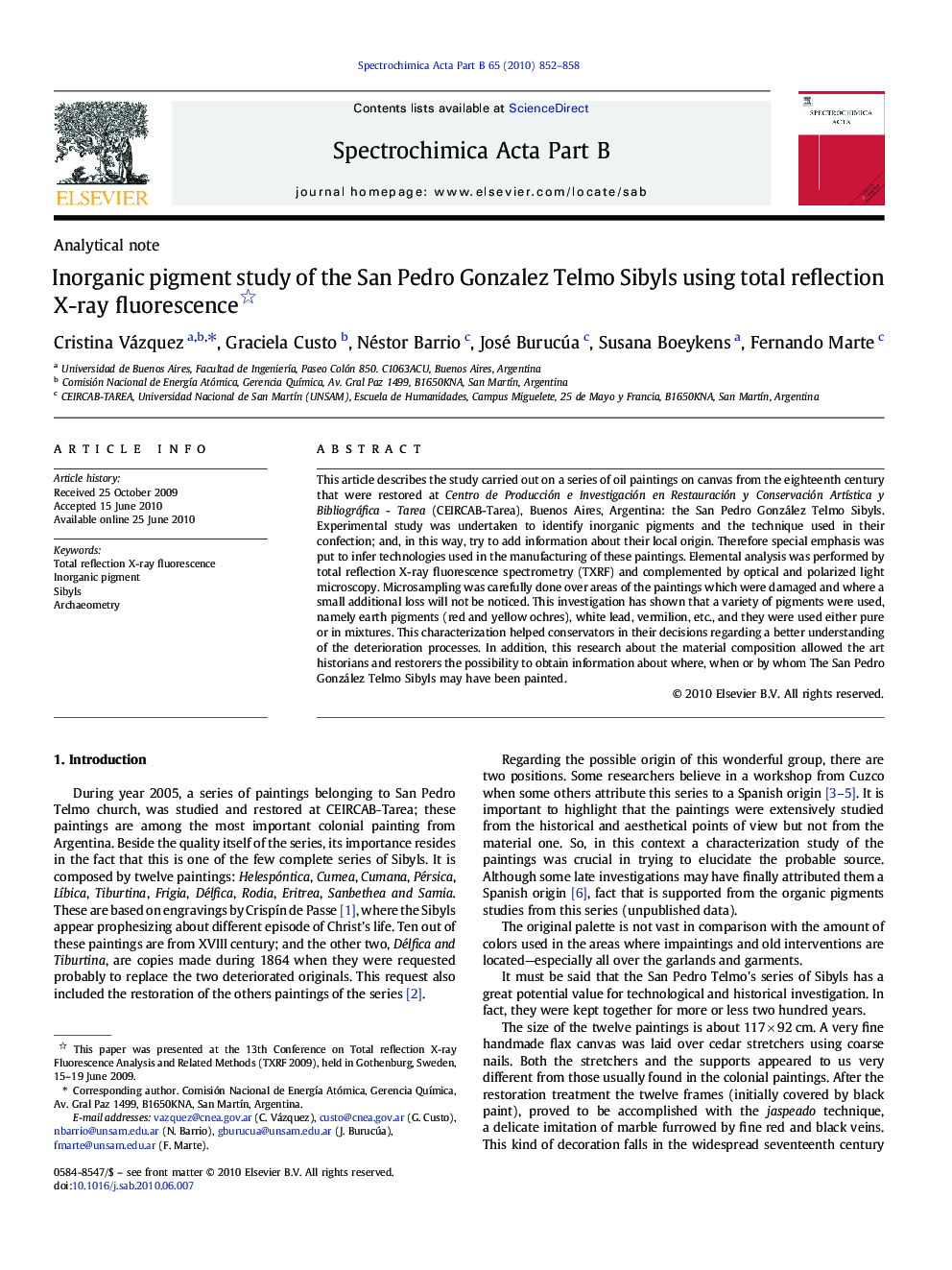 Inorganic pigment study of the San Pedro Gonzalez Telmo Sibyls using total reflection X-ray fluorescence 