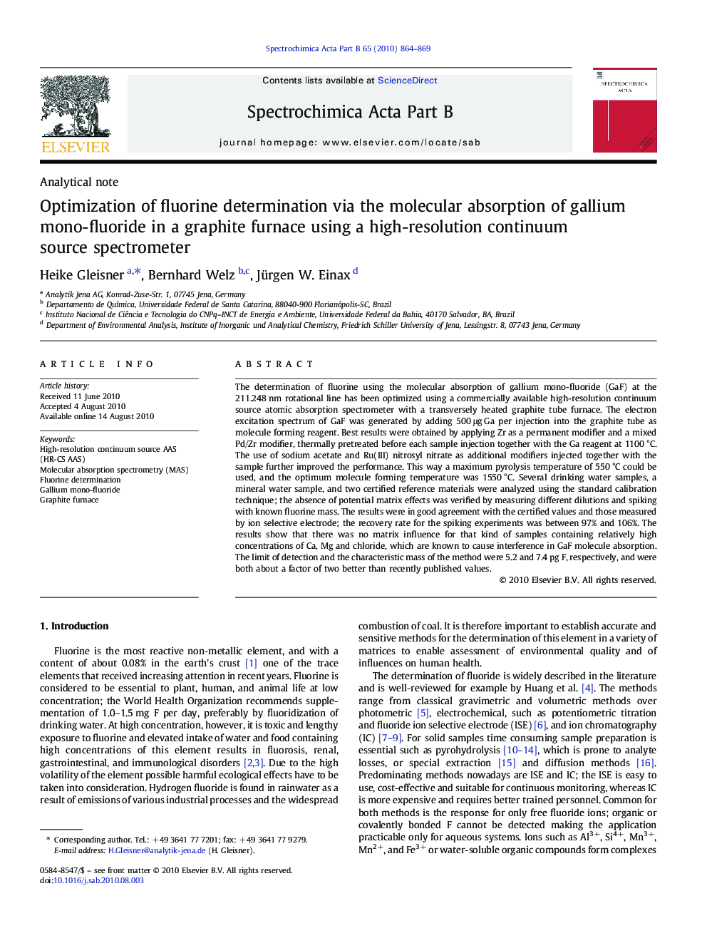 Optimization of fluorine determination via the molecular absorption of gallium mono-fluoride in a graphite furnace using a high-resolution continuum source spectrometer