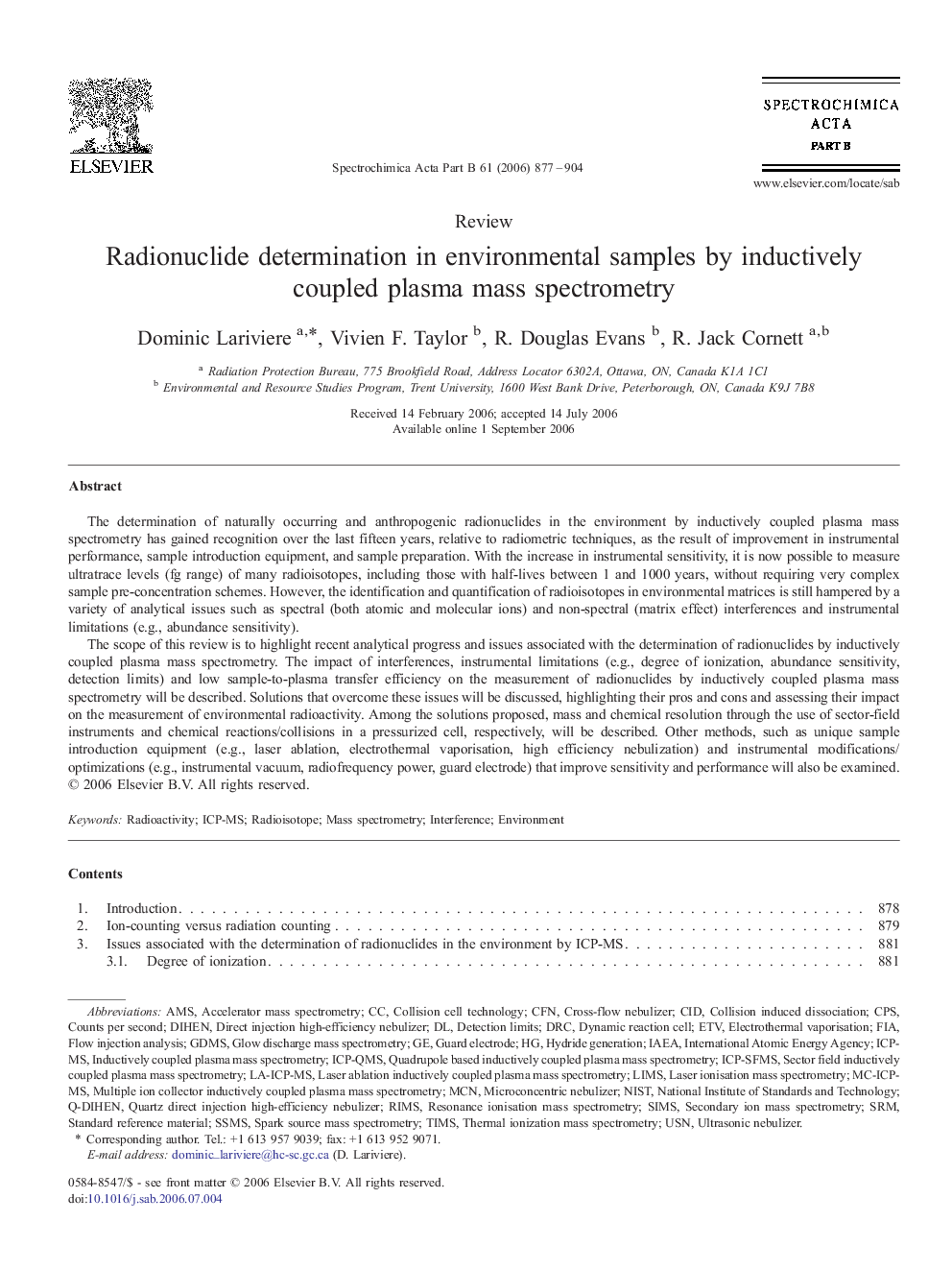 Radionuclide determination in environmental samples by inductively coupled plasma mass spectrometry