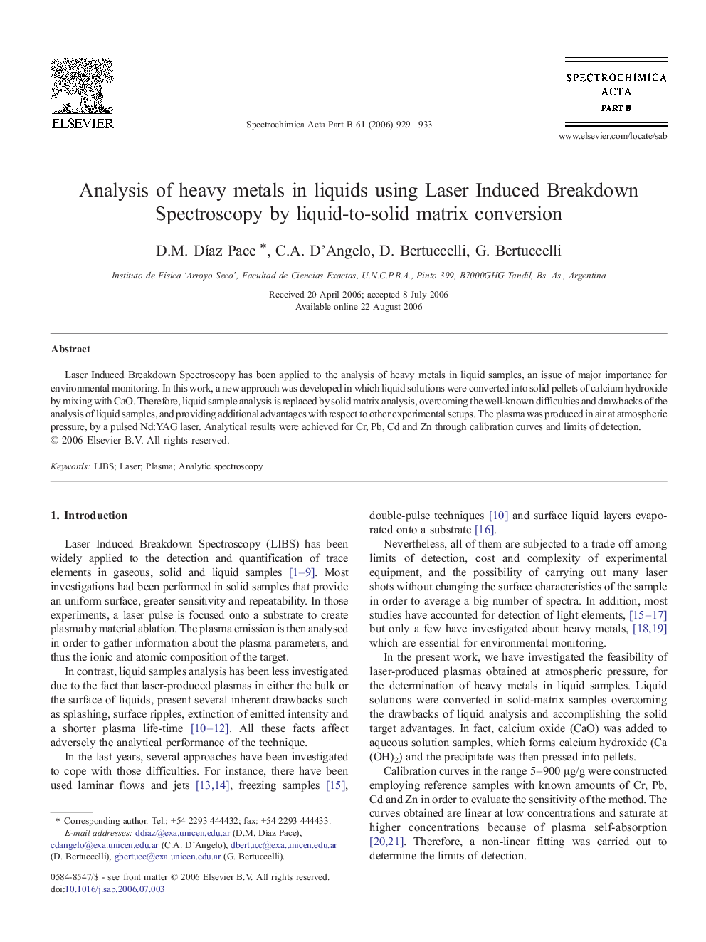 Analysis of heavy metals in liquids using Laser Induced Breakdown Spectroscopy by liquid-to-solid matrix conversion