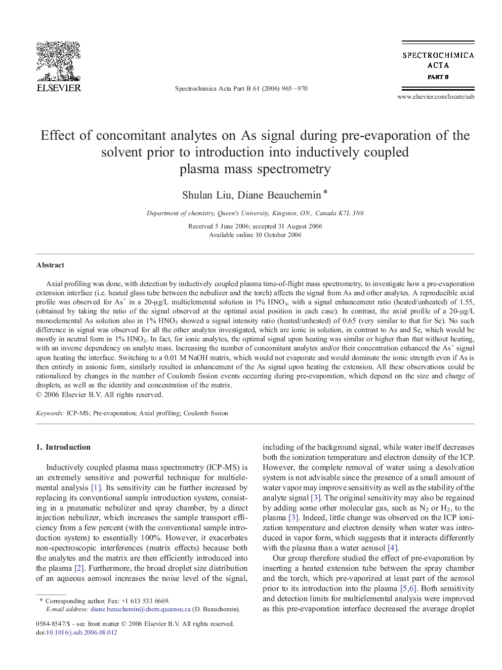 Effect of concomitant analytes on As signal during pre-evaporation of the solvent prior to introduction into inductively coupled plasma mass spectrometry