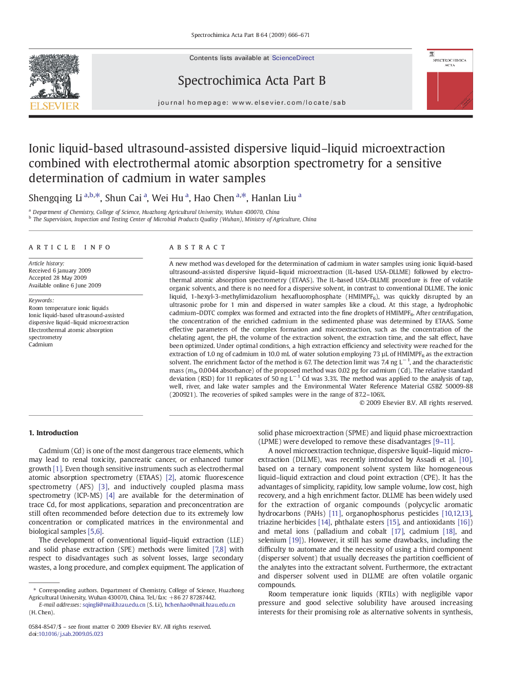 Ionic liquid-based ultrasound-assisted dispersive liquid–liquid microextraction combined with electrothermal atomic absorption spectrometry for a sensitive determination of cadmium in water samples