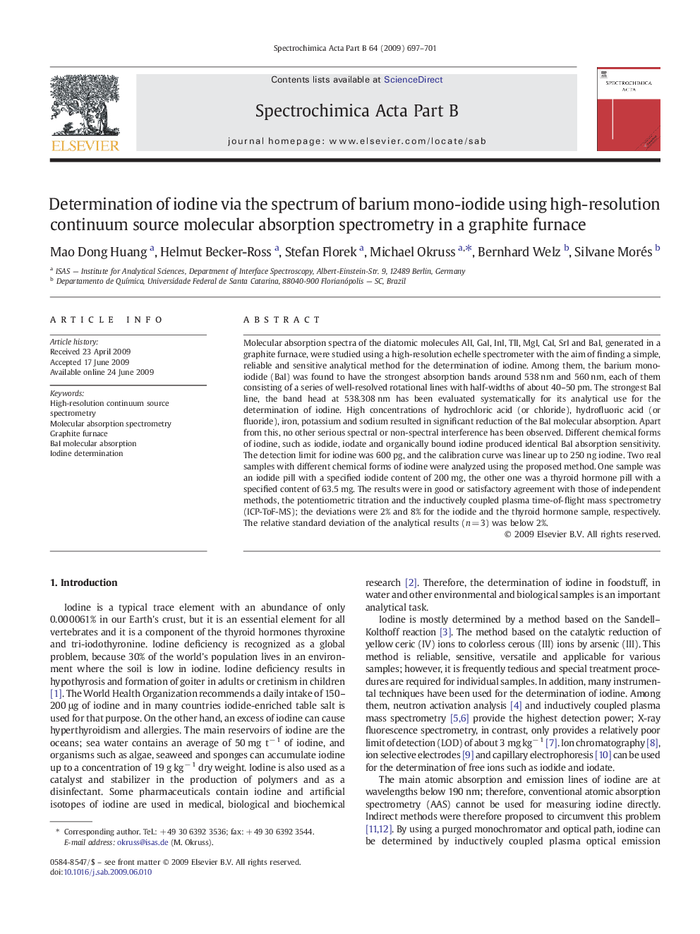 Determination of iodine via the spectrum of barium mono-iodide using high-resolution continuum source molecular absorption spectrometry in a graphite furnace