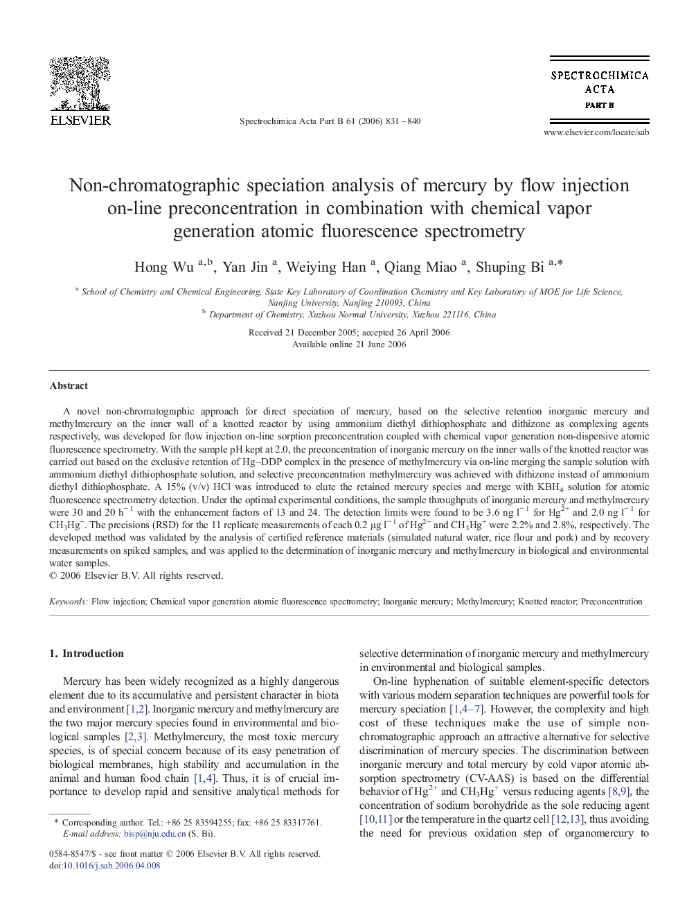 Non-chromatographic speciation analysis of mercury by flow injection on-line preconcentration in combination with chemical vapor generation atomic fluorescence spectrometry
