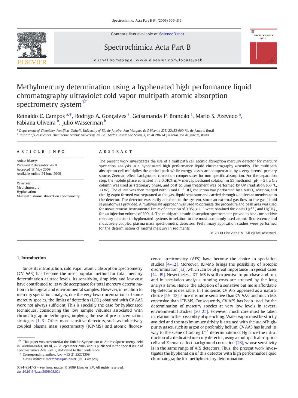 Methylmercury determination using a hyphenated high performance liquid chromatography ultraviolet cold vapor multipath atomic absorption spectrometry system