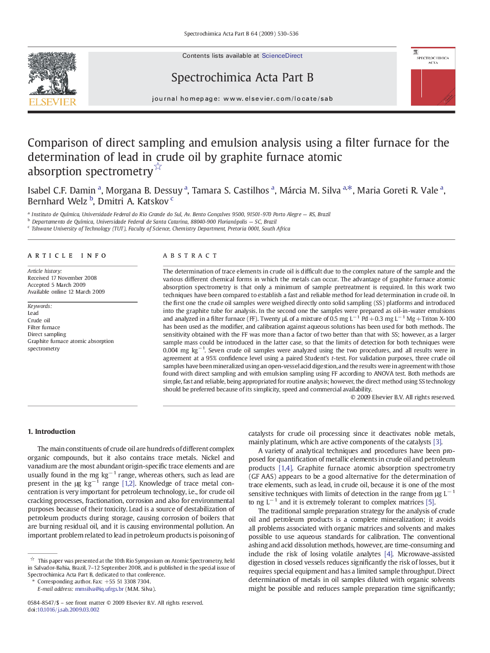 Comparison of direct sampling and emulsion analysis using a filter furnace for the determination of lead in crude oil by graphite furnace atomic absorption spectrometry 