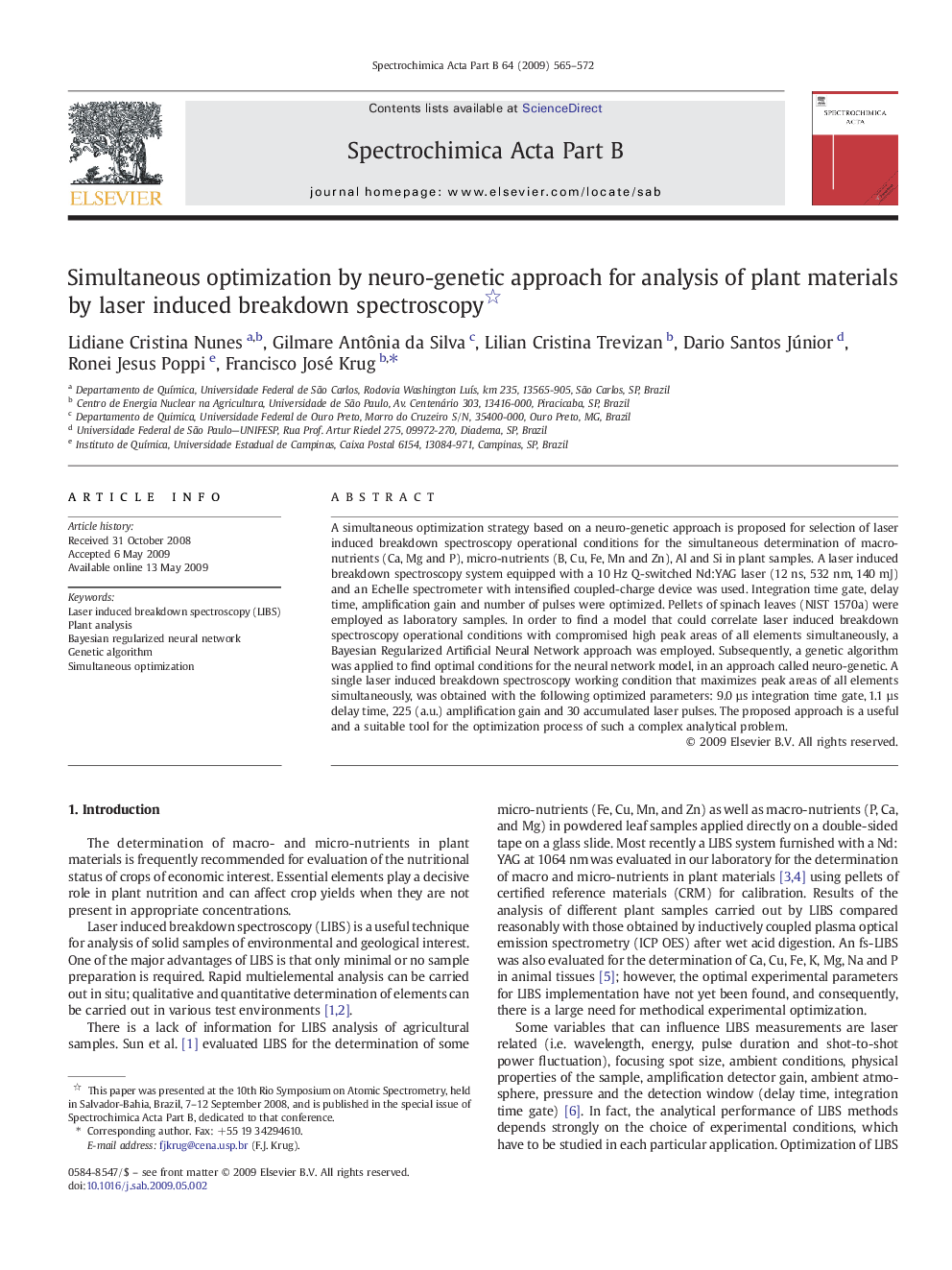 عکس صفحه اول مقاله: Simultaneous optimization by neuro-genetic approach for analysis of plant materials by laser induced breakdown spectroscopy Simultaneous optimization by neuro-genetic approach for analysis of plant materials by laser induced breakdown spectroscopy
