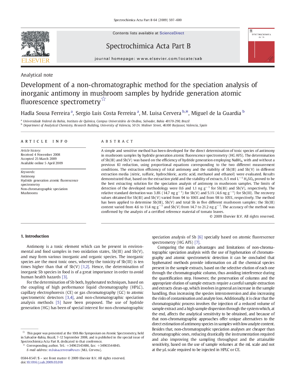 Development of a non-chromatographic method for the speciation analysis of inorganic antimony in mushroom samples by hydride generation atomic fluorescence spectrometry 