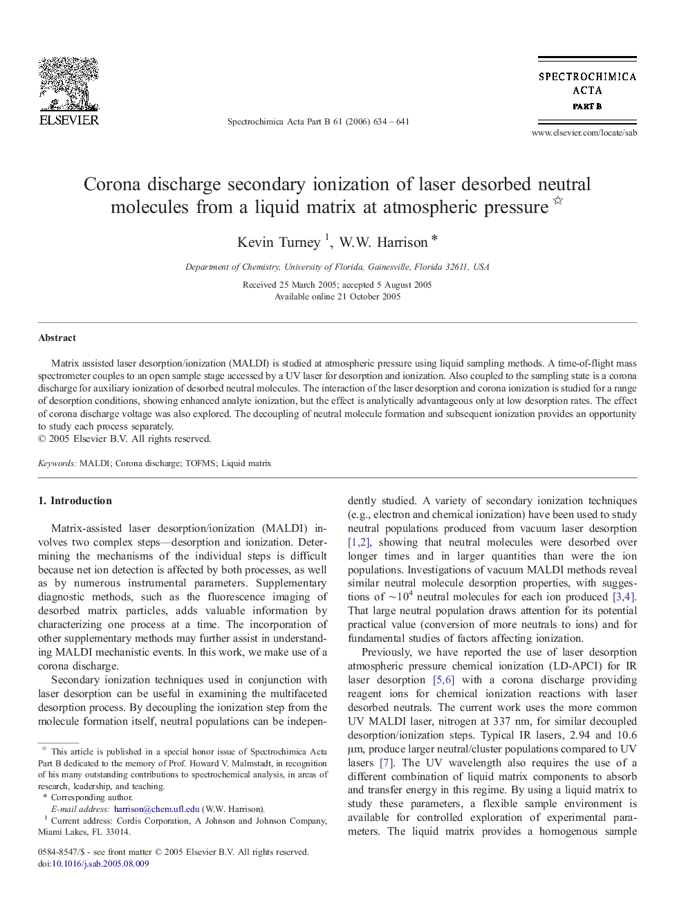 Corona discharge secondary ionization of laser desorbed neutral molecules from a liquid matrix at atmospheric pressure 