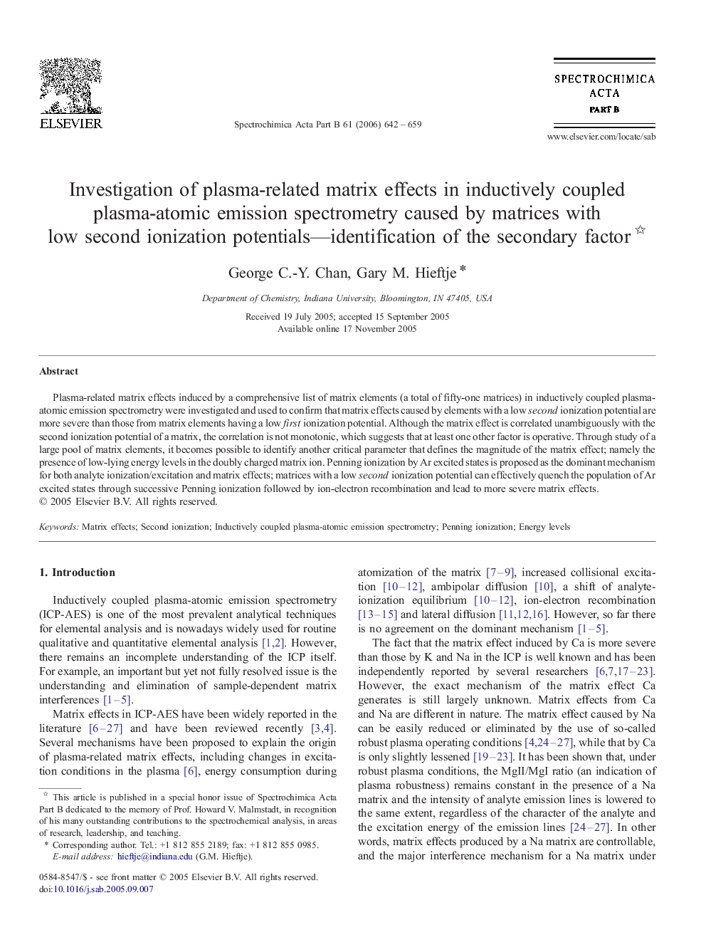 Investigation of plasma-related matrix effects in inductively coupled plasma-atomic emission spectrometry caused by matrices with low second ionization potentials—identification of the secondary factor 