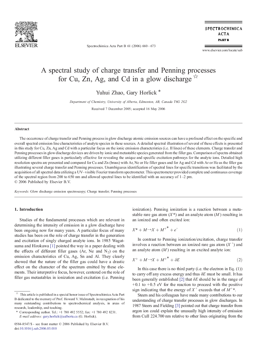 A spectral study of charge transfer and Penning processes for Cu, Zn, Ag, and Cd in a glow discharge 