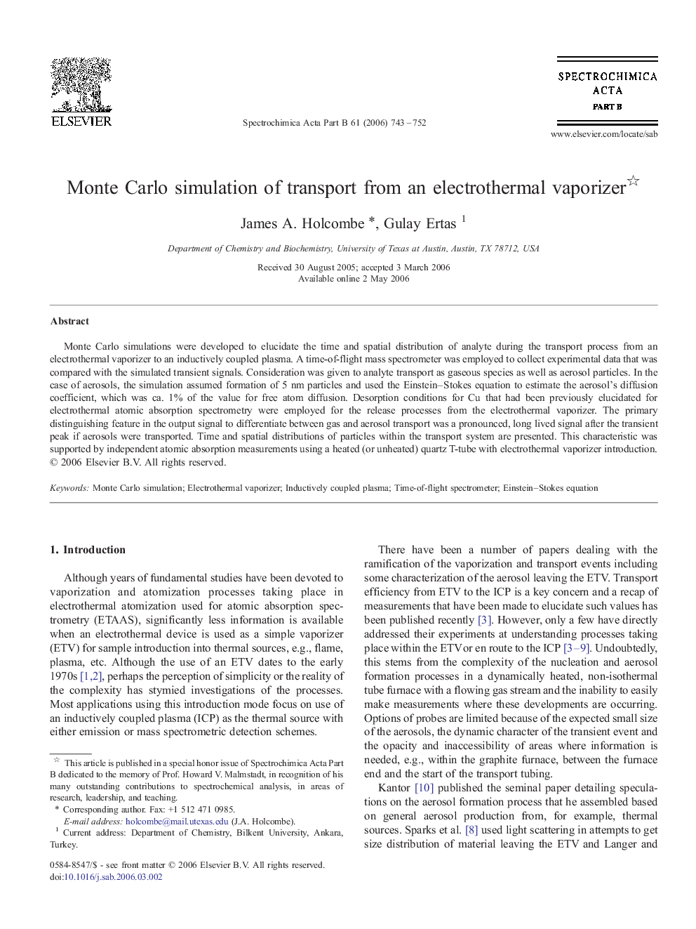 Monte Carlo simulation of transport from an electrothermal vaporizer