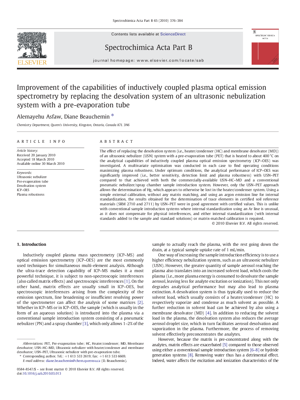 Improvement of the capabilities of inductively coupled plasma optical emission spectrometry by replacing the desolvation system of an ultrasonic nebulization system with a pre-evaporation tube