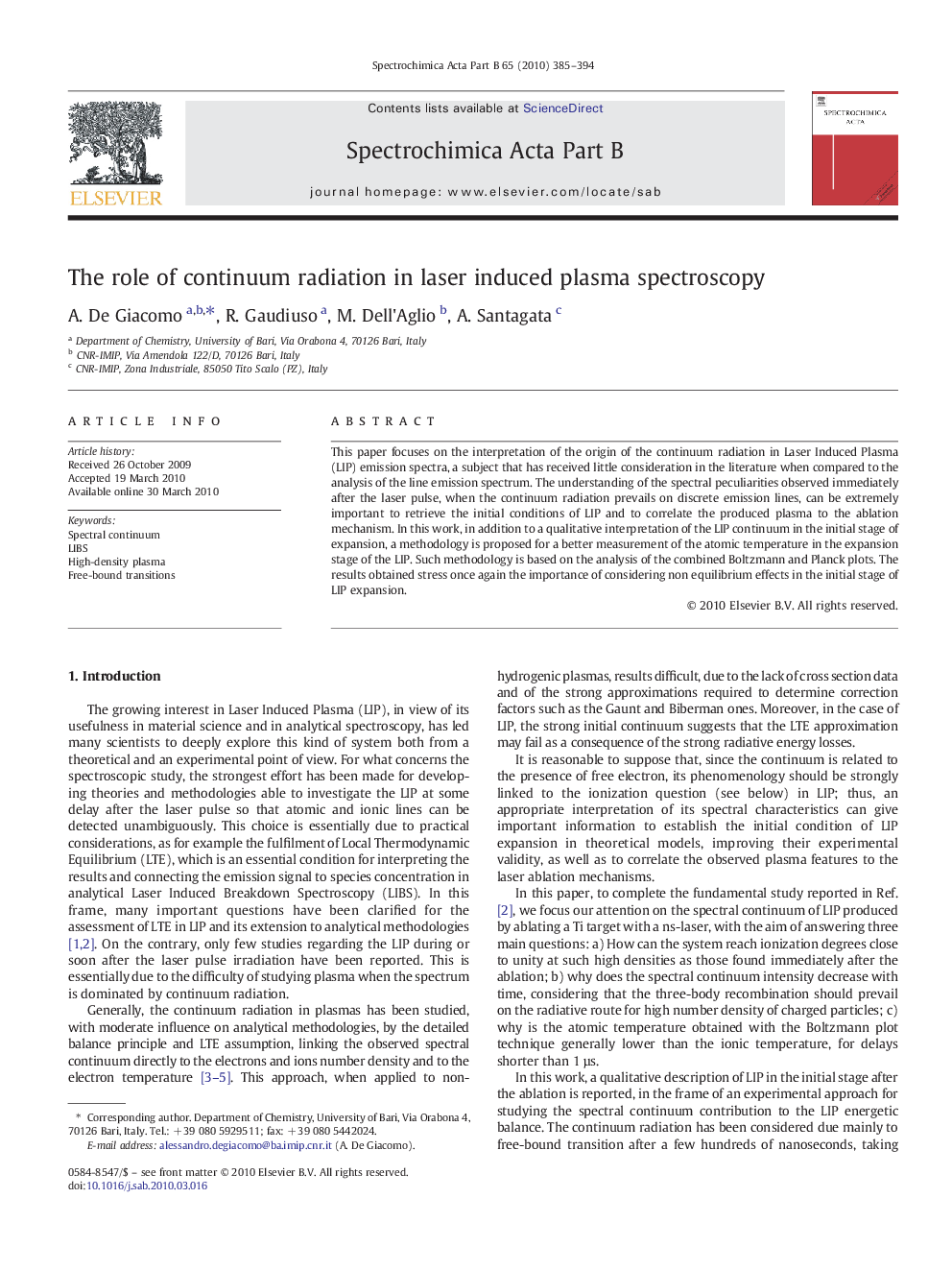 The role of continuum radiation in laser induced plasma spectroscopy