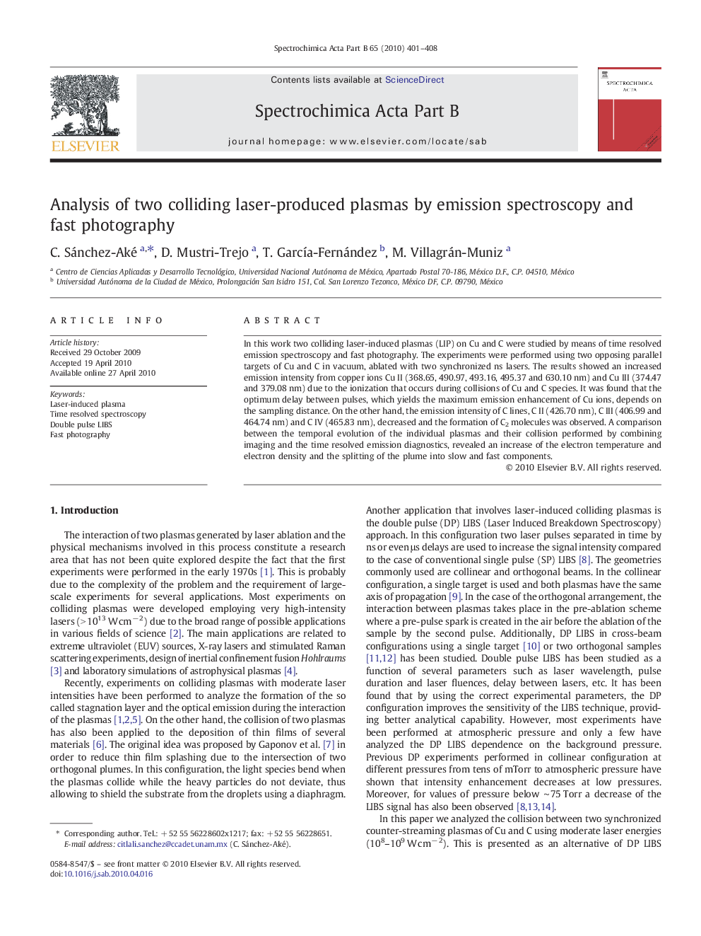 Analysis of two colliding laser-produced plasmas by emission spectroscopy and fast photography