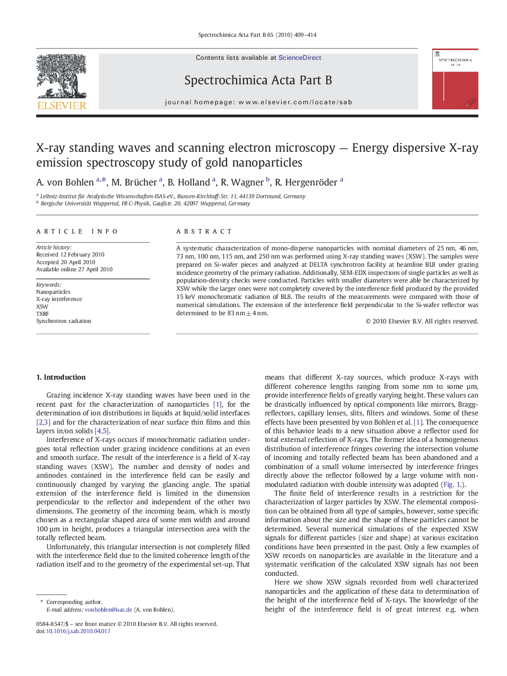 X-ray standing waves and scanning electron microscopy — Energy dispersive X-ray emission spectroscopy study of gold nanoparticles