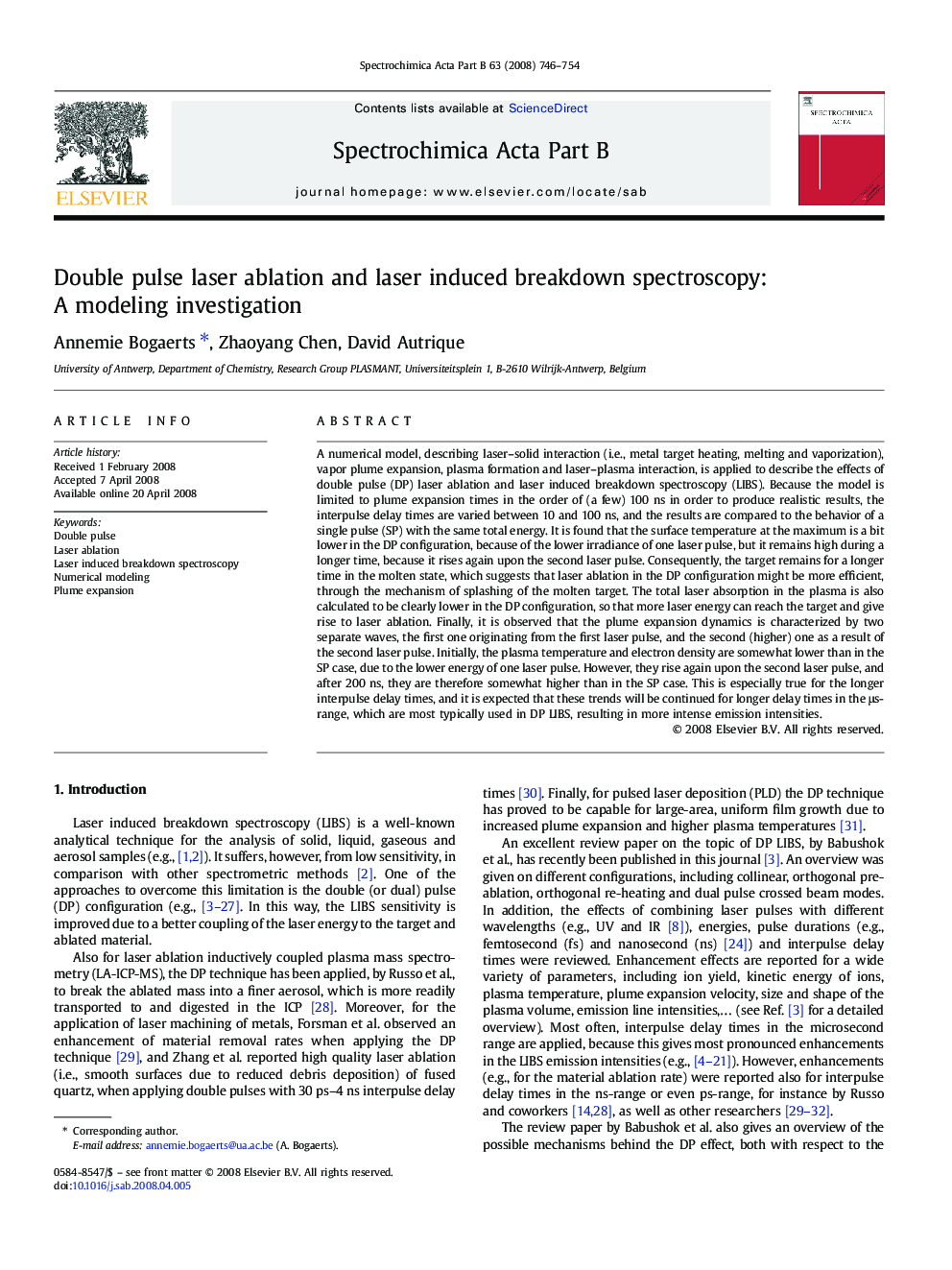 Double pulse laser ablation and laser induced breakdown spectroscopy: A modeling investigation