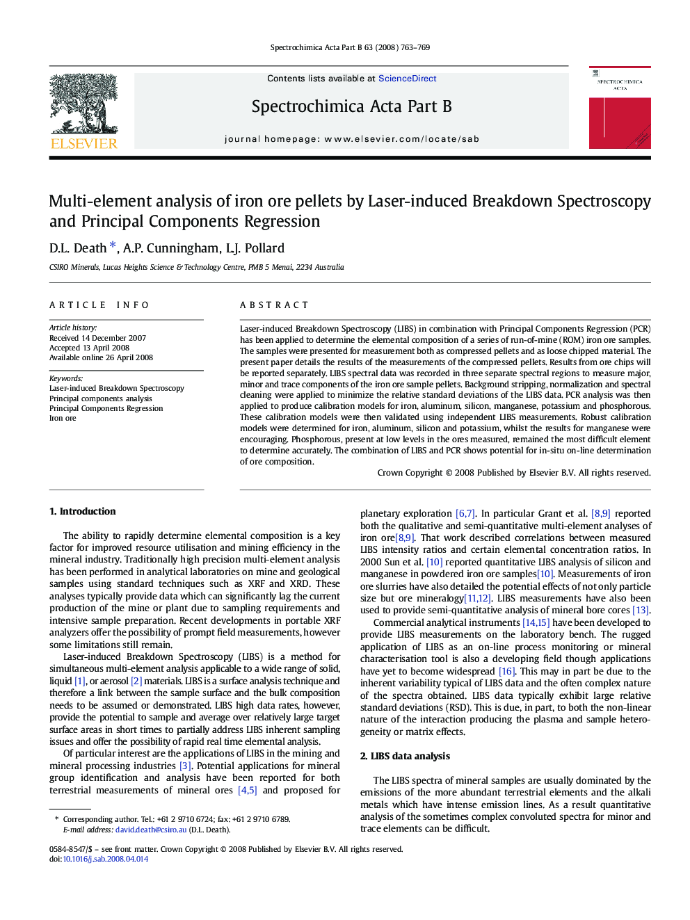 Multi-element analysis of iron ore pellets by Laser-induced Breakdown Spectroscopy and Principal Components Regression