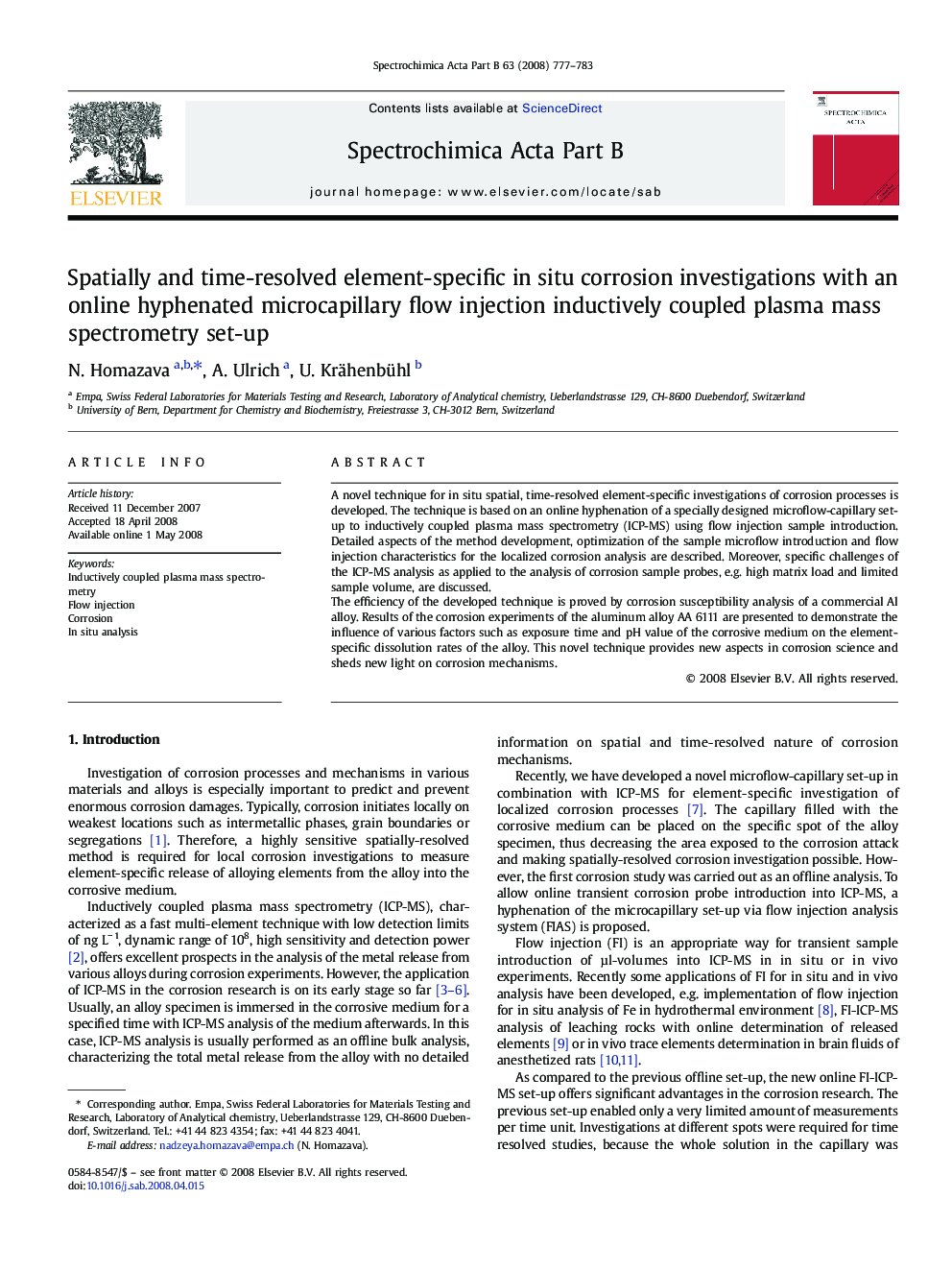 Spatially and time-resolved element-specific in situ corrosion investigations with an online hyphenated microcapillary flow injection inductively coupled plasma mass spectrometry set-up
