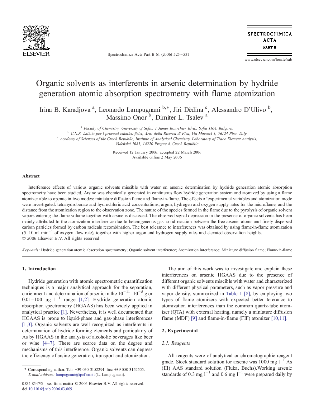 Organic solvents as interferents in arsenic determination by hydride generation atomic absorption spectrometry with flame atomization