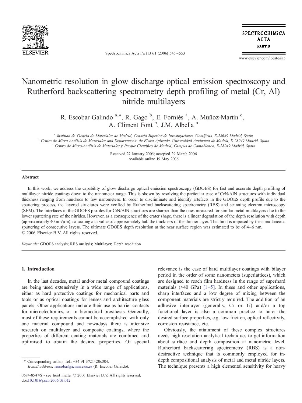 Nanometric resolution in glow discharge optical emission spectroscopy and Rutherford backscattering spectrometry depth profiling of metal (Cr, Al) nitride multilayers