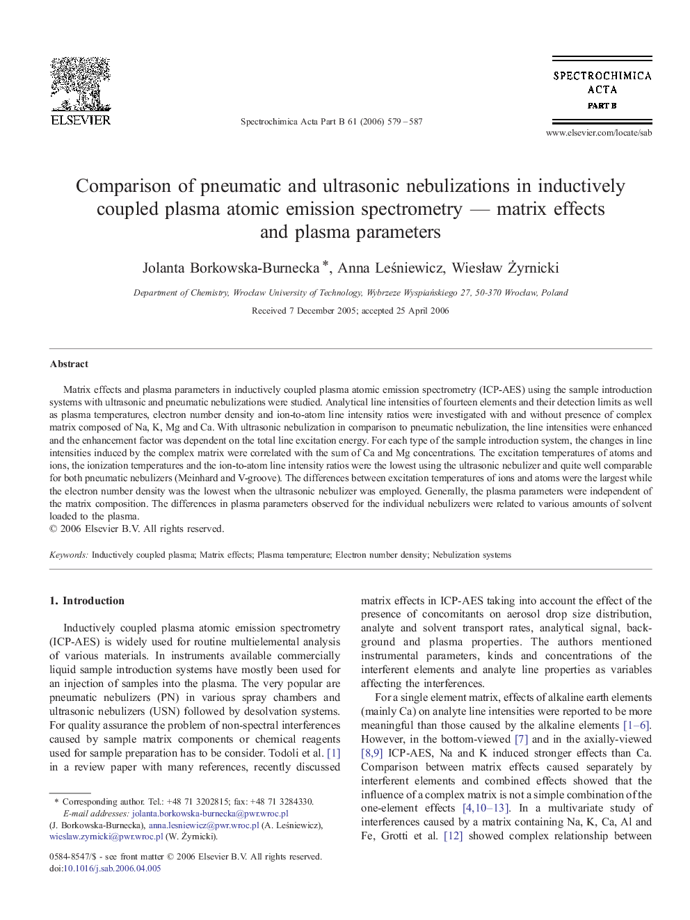 Comparison of pneumatic and ultrasonic nebulizations in inductively coupled plasma atomic emission spectrometry — matrix effects and plasma parameters