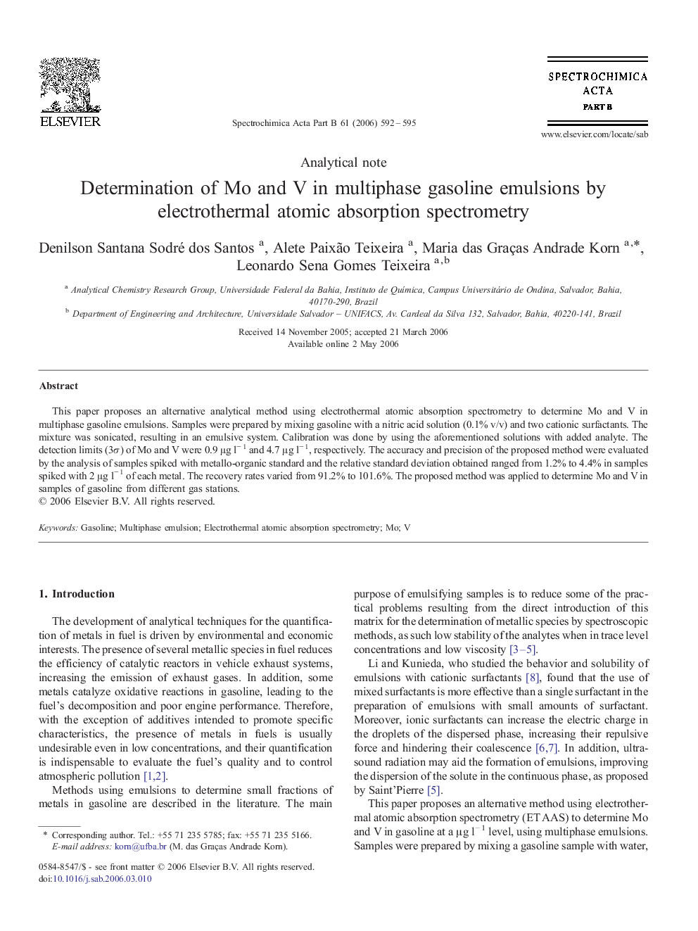 Determination of Mo and V in multiphase gasoline emulsions by electrothermal atomic absorption spectrometry