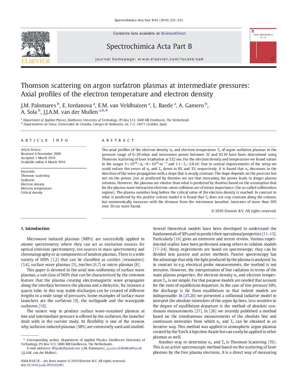 Thomson scattering on argon surfatron plasmas at intermediate pressures: Axial profiles of the electron temperature and electron density