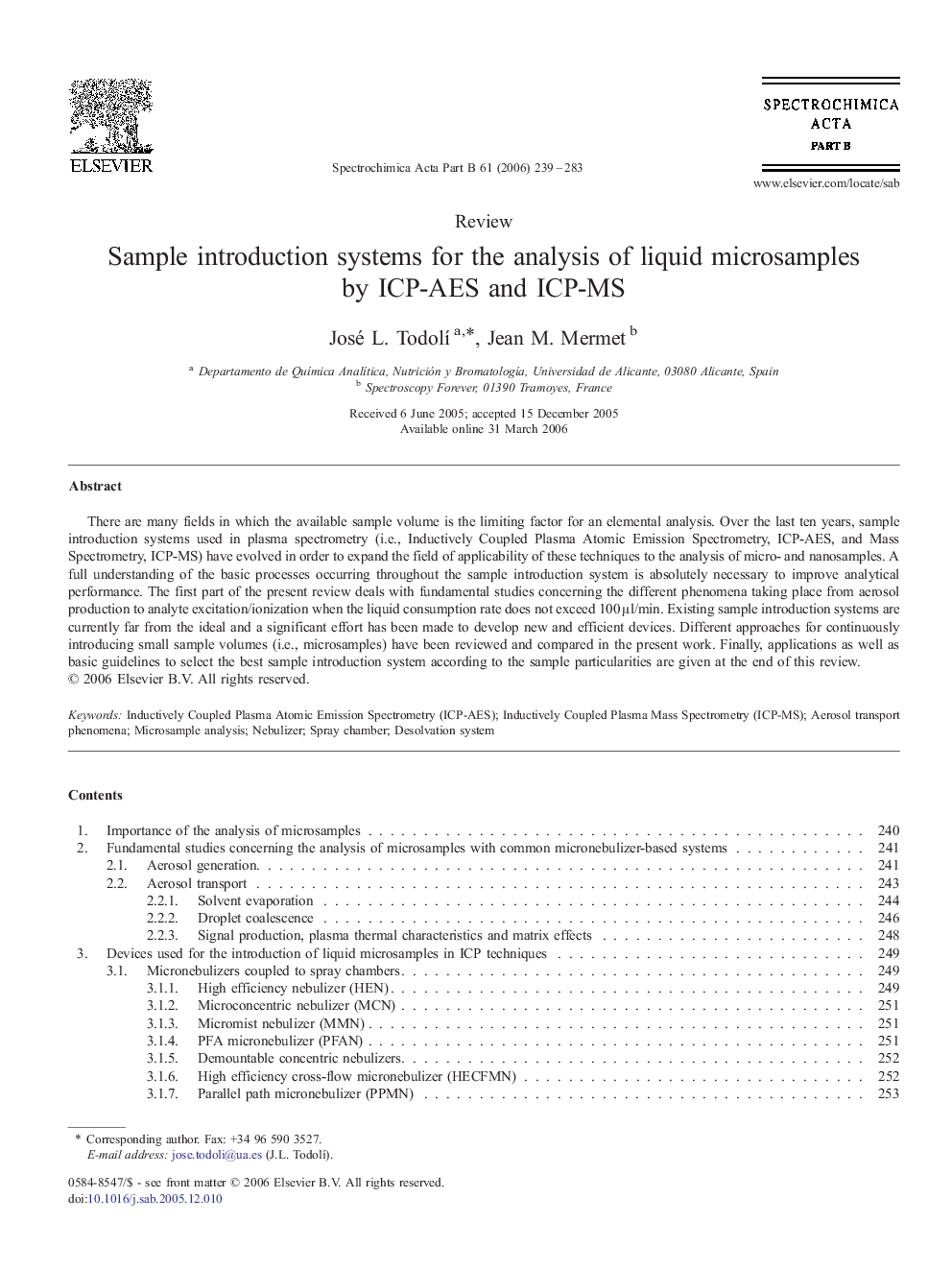 Sample introduction systems for the analysis of liquid microsamples by ICP-AES and ICP-MS