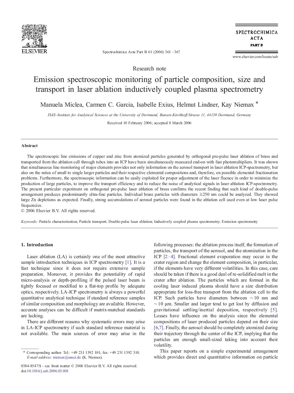 Emission spectroscopic monitoring of particle composition, size and transport in laser ablation inductively coupled plasma spectrometry