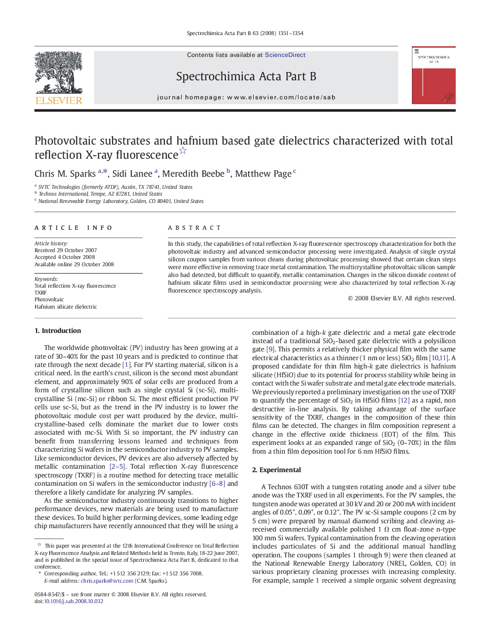 Photovoltaic substrates and hafnium based gate dielectrics characterized with total reflection X-ray fluorescence