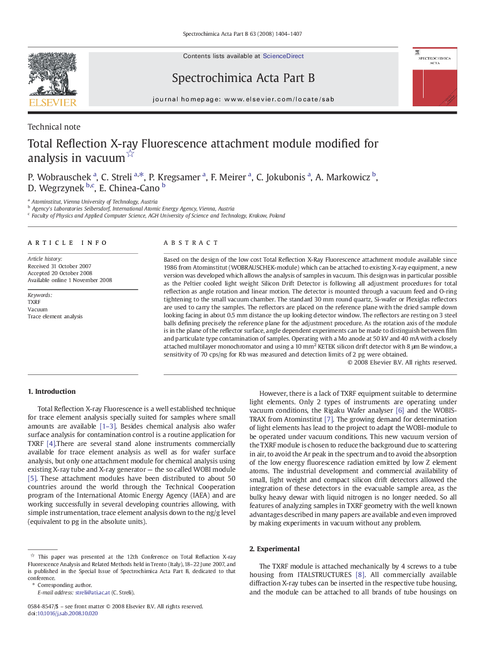 Total Reflection X-ray Fluorescence attachment module modified for analysis in vacuum