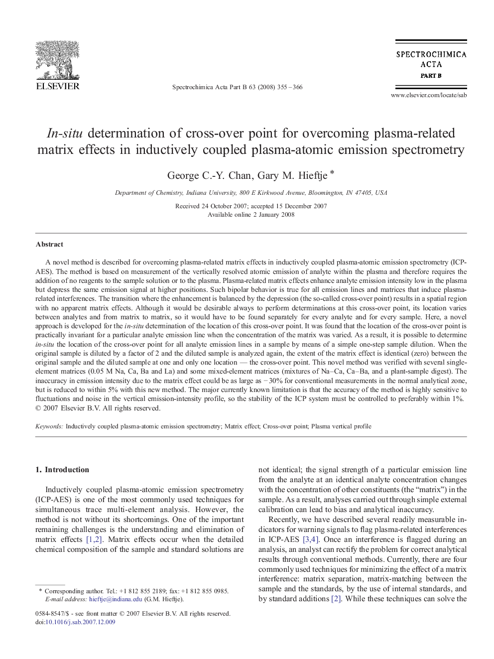 In-situ determination of cross-over point for overcoming plasma-related matrix effects in inductively coupled plasma-atomic emission spectrometry