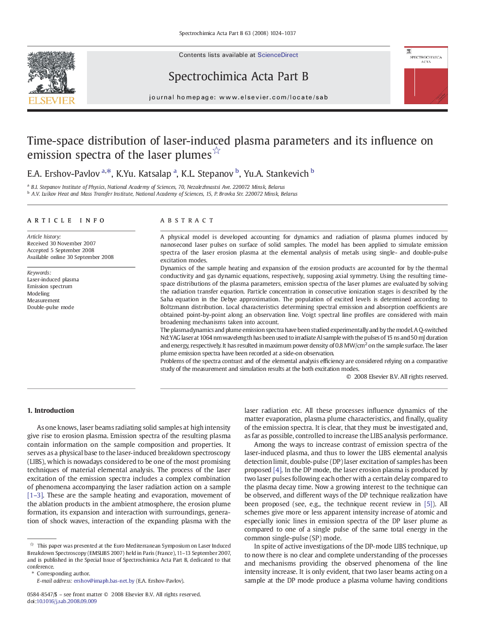 Time-space distribution of laser-induced plasma parameters and its influence on emission spectra of the laser plumes 