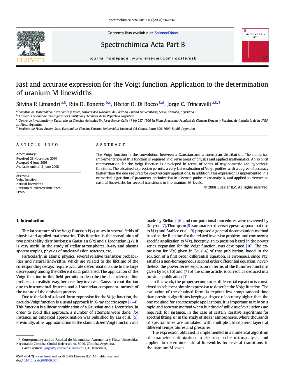 Fast and accurate expression for the Voigt function. Application to the determination of uranium M linewidths