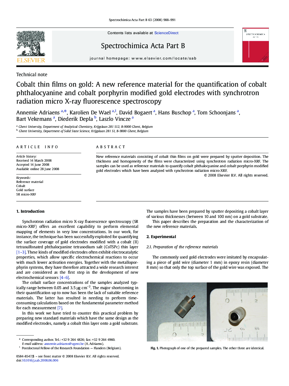 Cobalt thin films on gold: A new reference material for the quantification of cobalt phthalocyanine and cobalt porphyrin modified gold electrodes with synchrotron radiation micro X-ray fluorescence spectroscopy