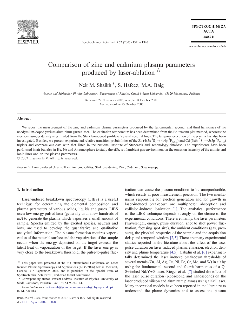 Comparison of zinc and cadmium plasma parameters produced by laser-ablation 