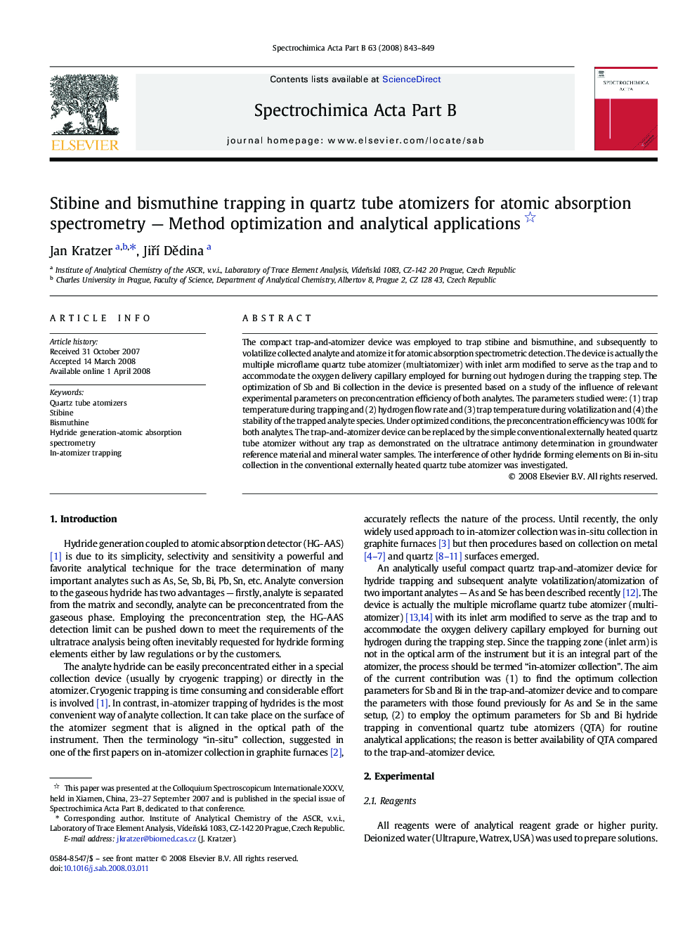 Stibine and bismuthine trapping in quartz tube atomizers for atomic absorption spectrometry - Method optimization and analytical applications