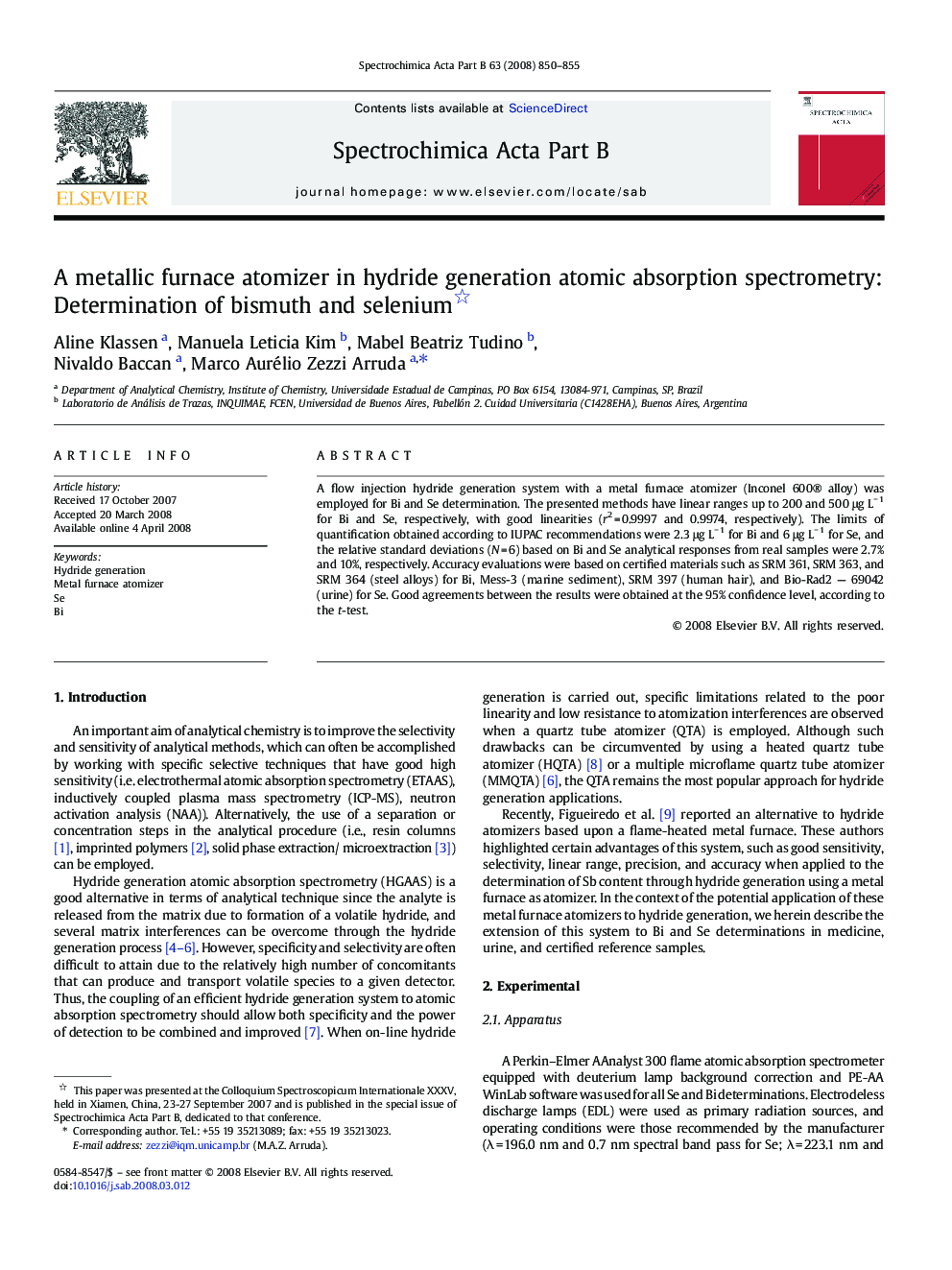 A metallic furnace atomizer in hydride generation atomic absorption spectrometry: Determination of bismuth and selenium 