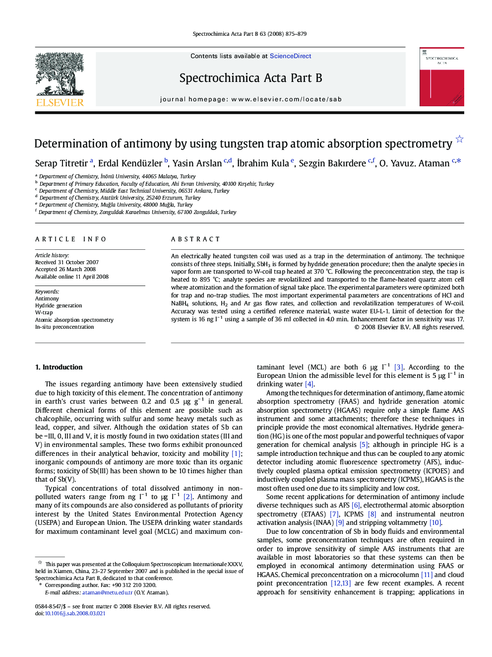 Determination of antimony by using tungsten trap atomic absorption spectrometry 