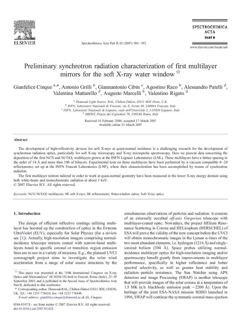 Preliminary synchrotron radiation characterization of first multilayer mirrors for the soft X-ray water window