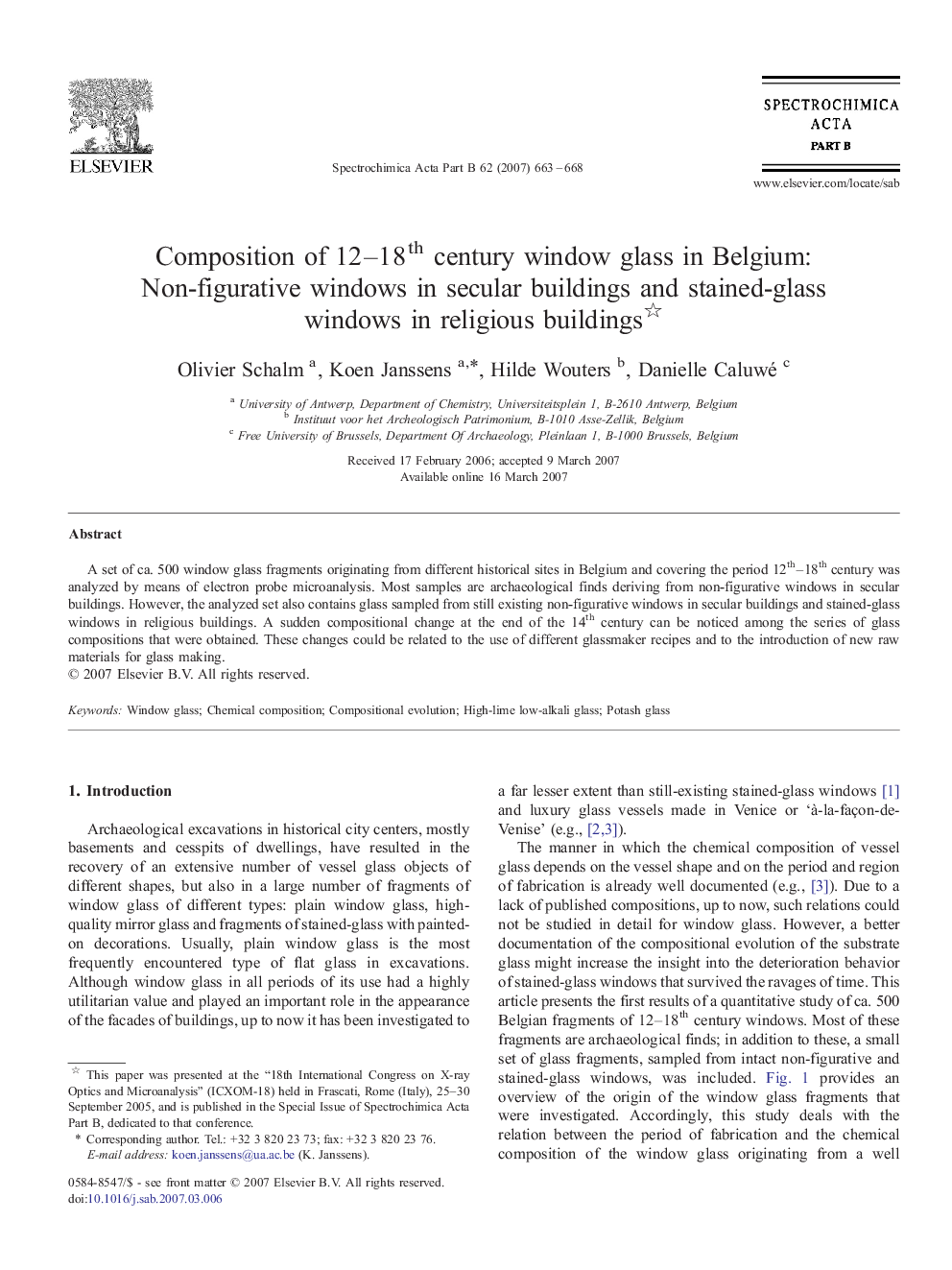 Composition of 12–18th century window glass in Belgium: Non-figurative windows in secular buildings and stained-glass windows in religious buildings 