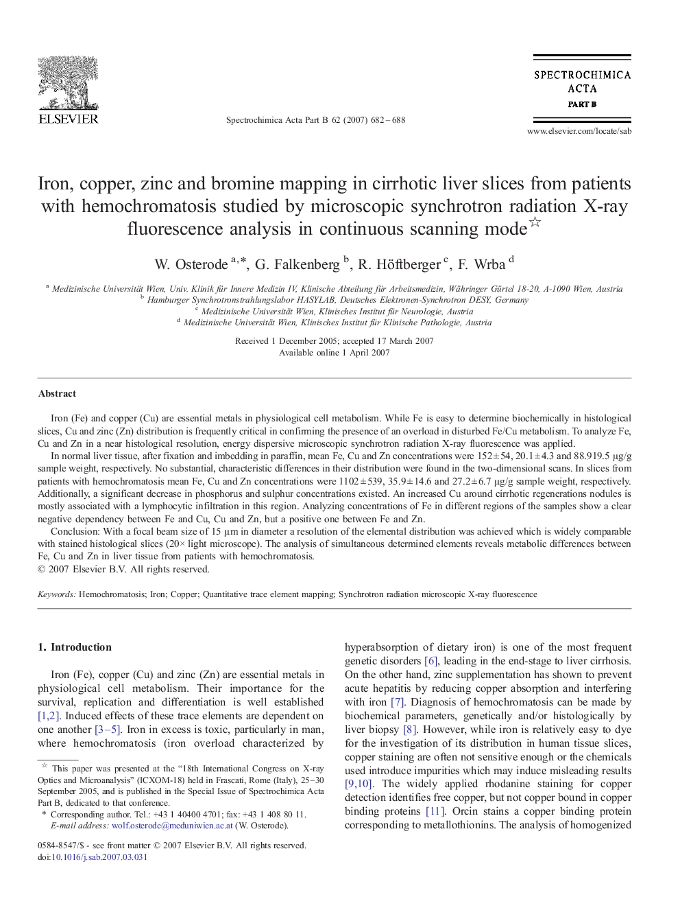 Iron, copper, zinc and bromine mapping in cirrhotic liver slices from patients with hemochromatosis studied by microscopic synchrotron radiation X-ray fluorescence analysis in continuous scanning mode 