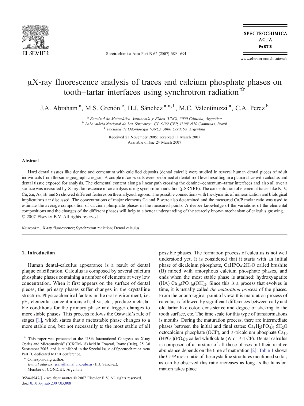 μX-ray fluorescence analysis of traces and calcium phosphate phases on tooth–tartar interfaces using synchrotron radiation 