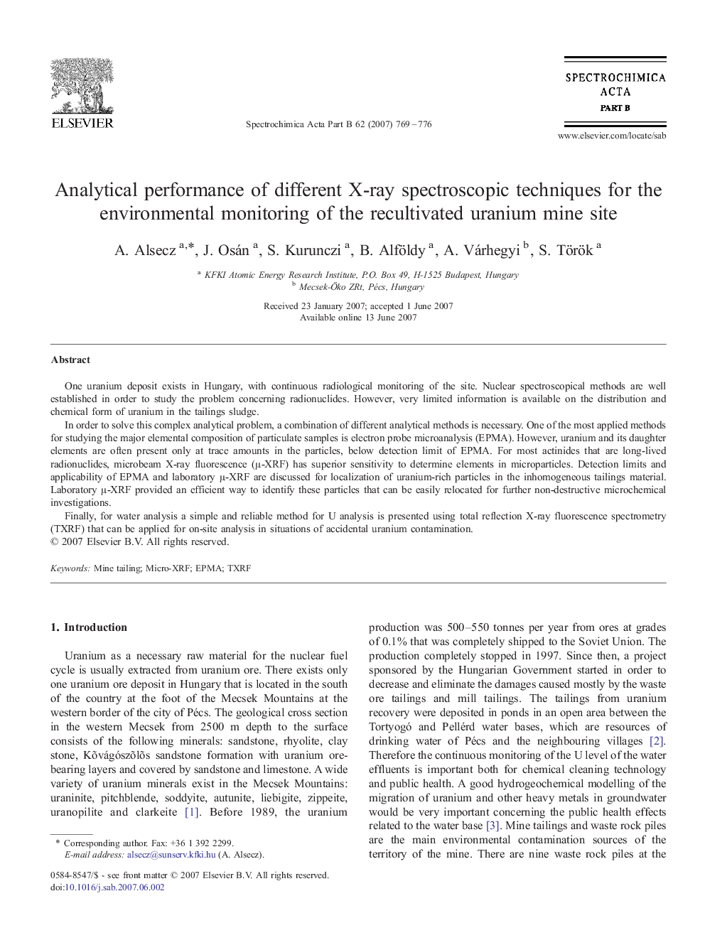 Analytical performance of different X-ray spectroscopic techniques for the environmental monitoring of the recultivated uranium mine site