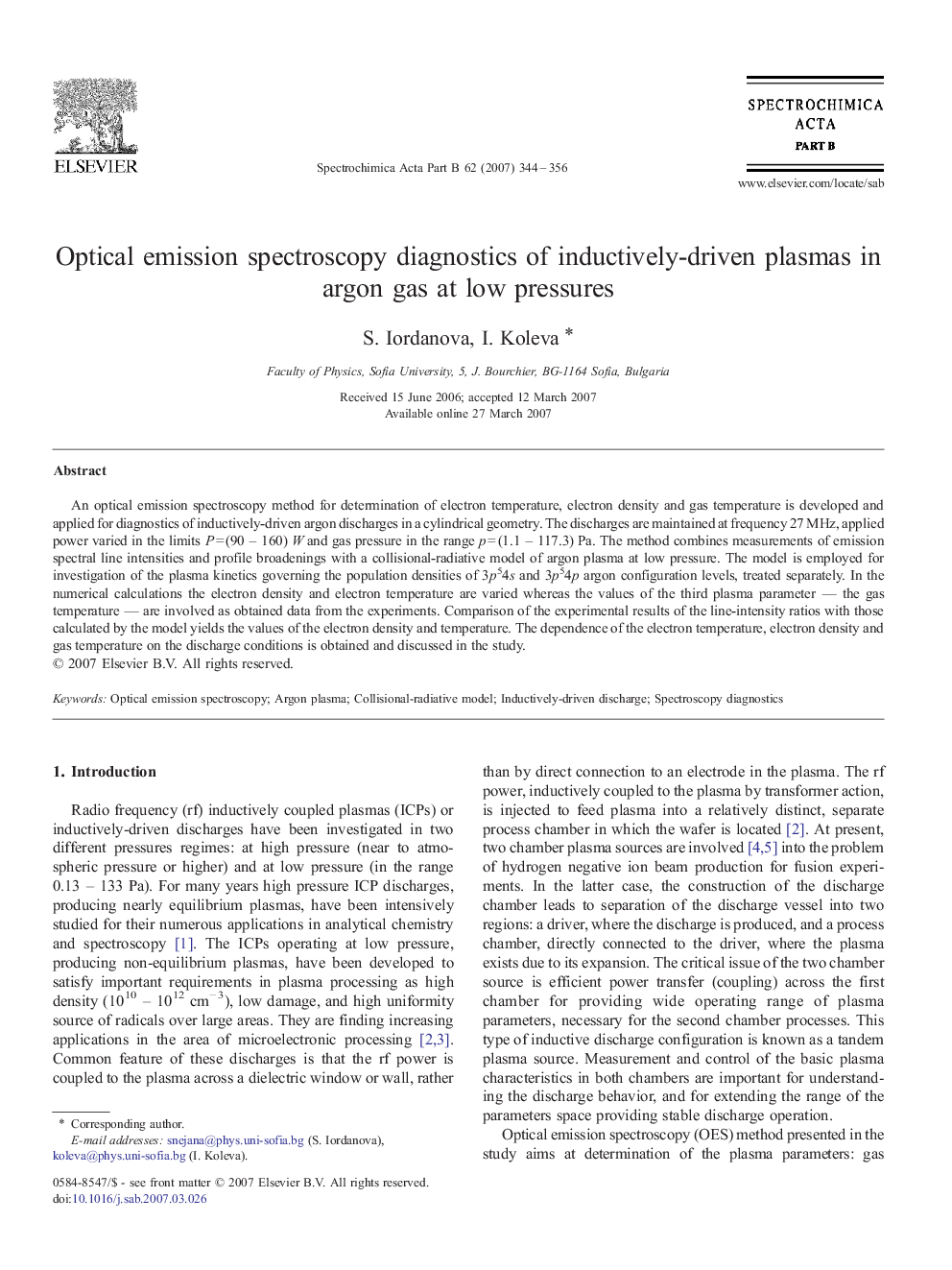 Optical emission spectroscopy diagnostics of inductively-driven plasmas in argon gas at low pressures